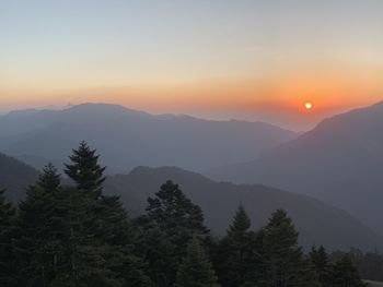 Scenic view of mountains against sky during sunset