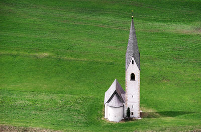 High angle view of building on field