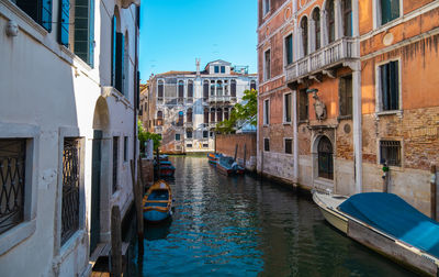 View of empty canals of venice with apartment buildings in the background.