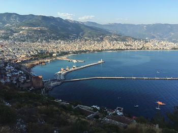 High angle view of city by sea against sky