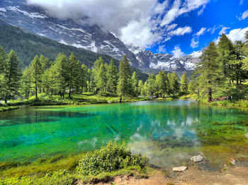 Scenic view of lake and mountains against sky