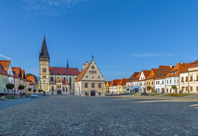 Central square surrounded by well-preserved gothic and renaissance houses in bordejov, slovakia