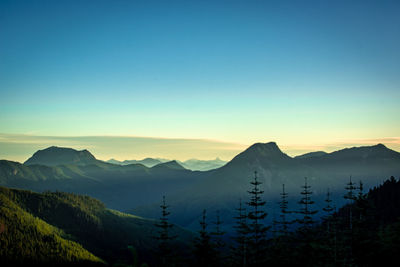 Scenic view of mountains against clear sky at sunset