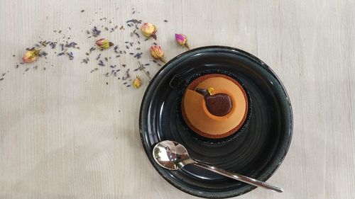 High angle view of tea served on table