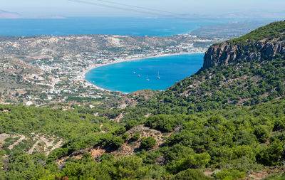 View over beach and bay of kefalos, kos greece