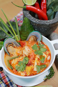 High angle view of fresh vegetables in bowl on table