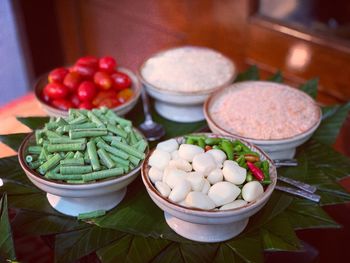 High angle view of fruits in container on table