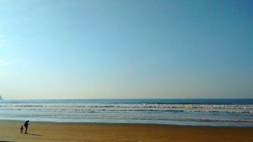 Man standing on beach against clear sky