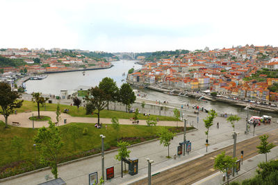 High angle view of street amidst buildings in city