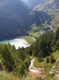 High angle view of landscape and mountains