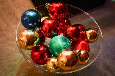 High angle view of christmas decorations on table
