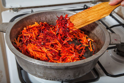 High angle view of person preparing food in kitchen