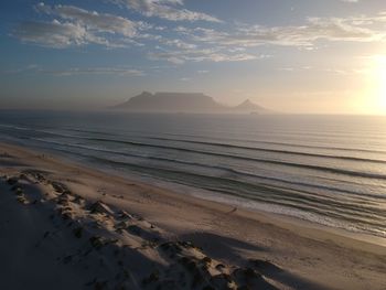 Scenic view of beach against sky during sunset