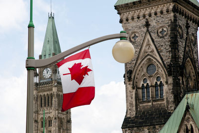 Low angle view of flags on building against sky