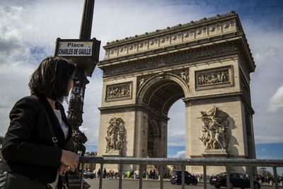 Woman looking at arc de triomphe
