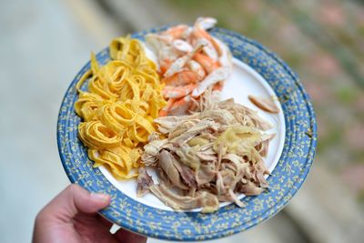 Close-up of hand holding ice cream in plate