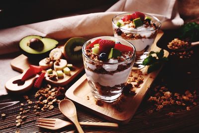 High angle view of dessert on table