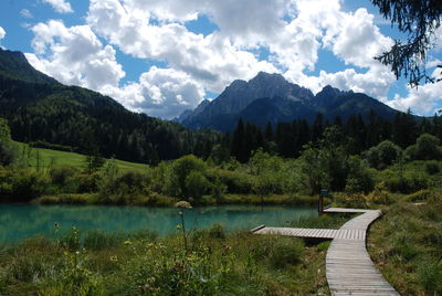 Scenic view of lake and mountains against sky