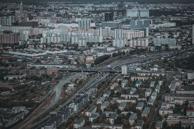 High angle view of street amidst buildings in city