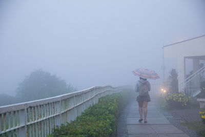 Rear view of woman carrying umbrella during foggy weather