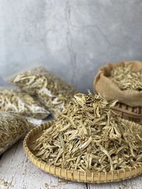 High angle view of dried food on table