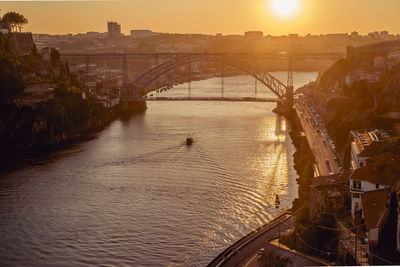 Bridge over river in city against sky during sunset