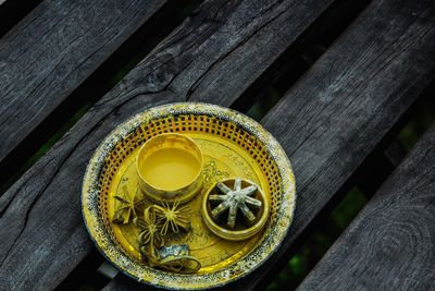 High angle view of drink on table