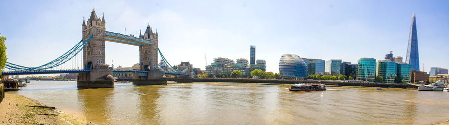 Bridge over river with city in background