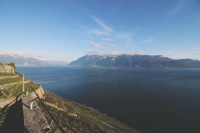 Scenic view of sea and mountains against sky