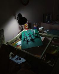 High angle view of books on table at home