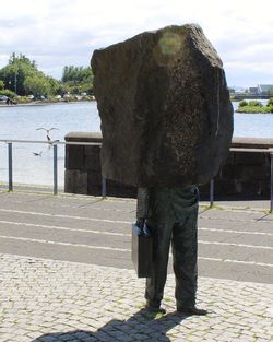 Rear view of man standing by sea against sky