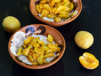 High angle view of fruits in bowl on table