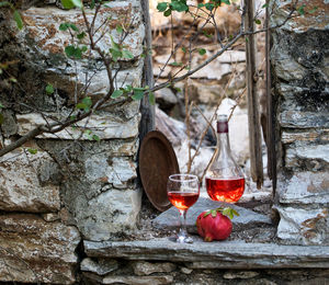 Red wine on glass against trees