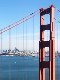 Suspension bridge in city against clear sky