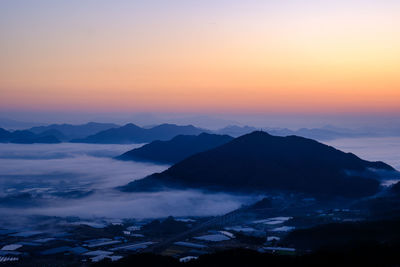 Scenic view of mountains against sky during sunset