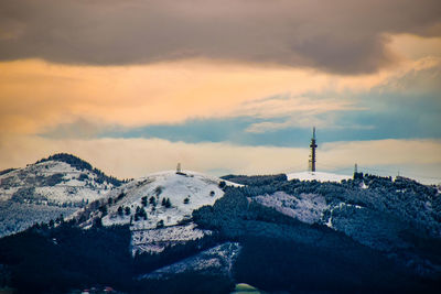 Scenic view of mountains against sky during sunset