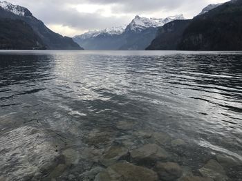 Scenic view of lake and mountains against sky