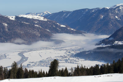 Scenic view of snow covered mountains