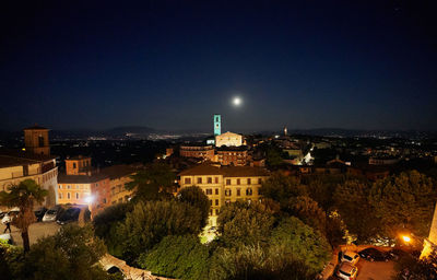 High angle view of illuminated buildings at night