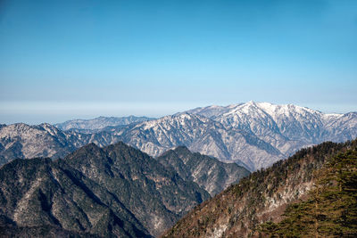 Scenic view of snowcapped mountains against clear blue sky