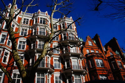 Low angle view of bare tree by buildings against blue sky