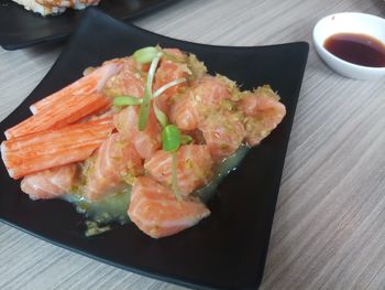 High angle view of sushi served on table