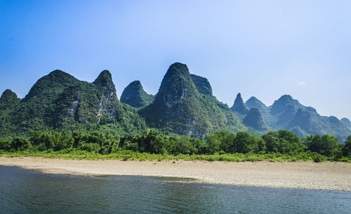 Scenic view of sea and mountains against clear blue sky