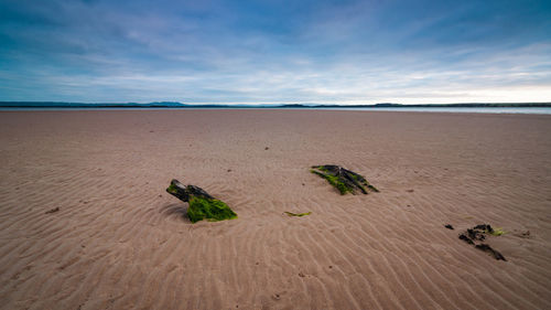 Scenic view of sand on beach against sky