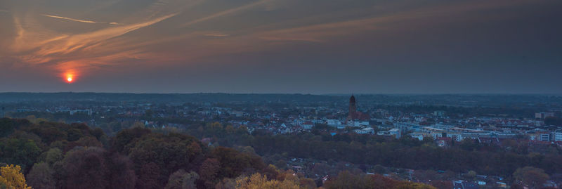 High angle view of townscape against sky at sunset