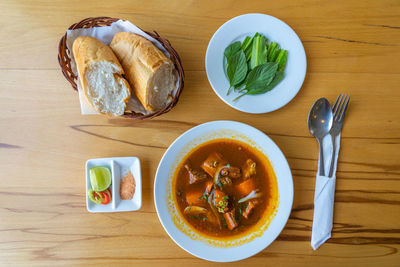 High angle view of breakfast served on table