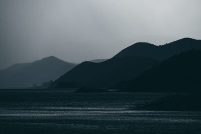 Scenic view of sea and mountains against sky