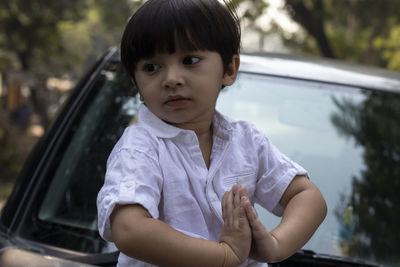 Portrait of boy in car