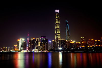 Illuminated buildings by river against sky at night