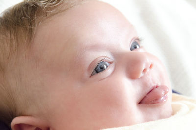 Close-up of cute baby boy with gray eyes sticking out tongue at home